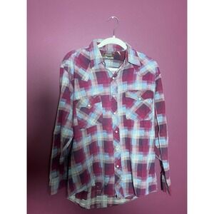 Outlaw Western Wear Mens Magenta Purple Blue Plaid Flannel Button Up Shirt